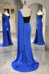 Prom Dress Outfit, Royal Blue Mermaid One Shoulder Long Prom Dress With Shawl And Slit