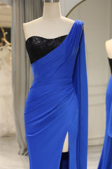 Prom Dress Outfits, Royal Blue Mermaid One Shoulder Long Prom Dress With Shawl And Slit