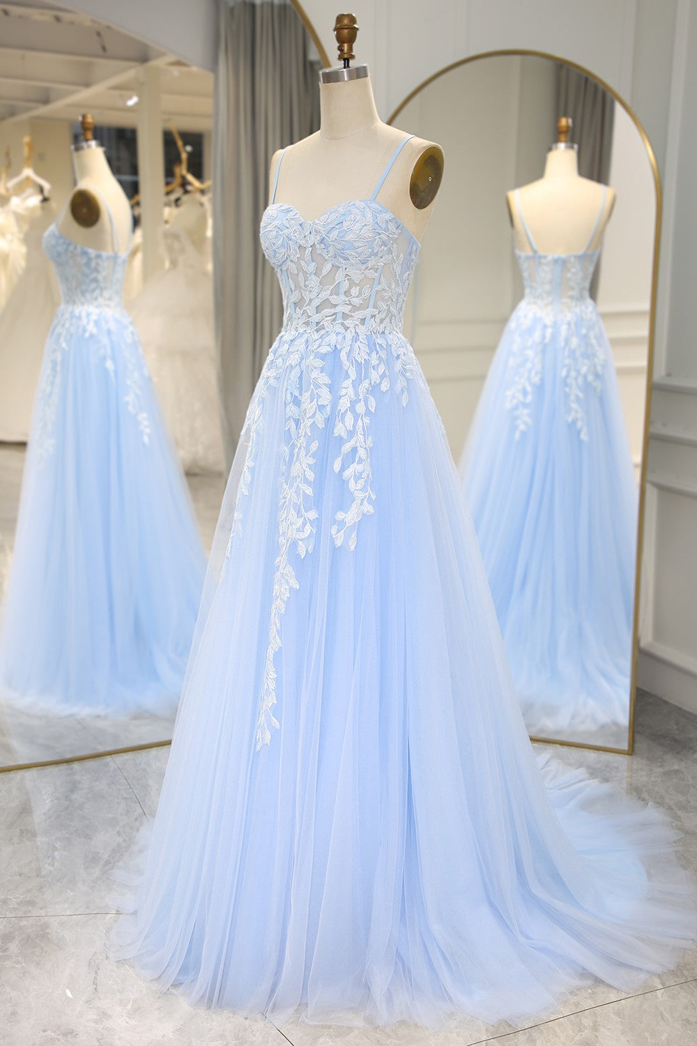 Prom Dress Affordable, Sky Blue Spaghetti Straps Long Mermaid Prom Dress With Appliques