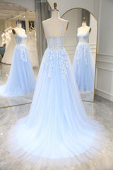 Prom Dress Vintage, Sky Blue Spaghetti Straps Long Mermaid Prom Dress With Appliques