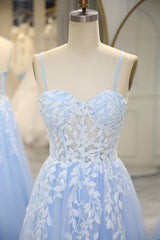 Prom Dresses Prom Dresses, Sky Blue Spaghetti Straps Long Mermaid Prom Dress With Appliques
