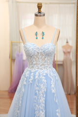 Prom Dress Boutiques Near Me, Sky Blue Spaghetti Straps Zipper Back A-Line Prom Dress With Appliques