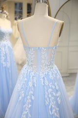 Prom Dresses Prom Dress, Sky Blue Spaghetti Straps Long Mermaid Prom Dress With Appliques