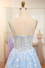 Prom Dress 2042, Sky Blue Spaghetti Straps Zipper Back A-Line Prom Dress With Appliques