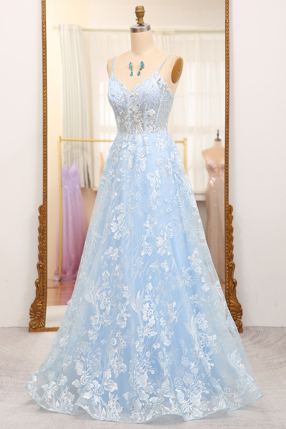 Prom Dresses Inspired, Sky Blue A-Line Spaghetti Straps Tulle Long Prom Dress With Appliques