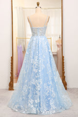 Prom Dresses Inspiration, Sky Blue A-Line Spaghetti Straps Tulle Long Prom Dress With Appliques