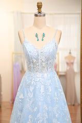 Prom Dress Inspirational, Sky Blue A-Line Spaghetti Straps Tulle Long Prom Dress With Appliques
