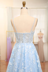 Prom Dresses Pink, Sky Blue A-Line Spaghetti Straps Tulle Long Prom Dress With Appliques