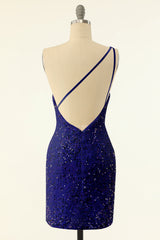 Prom Dresses Patterns, Royal Blue One Shoulder Sequins Tight Homecoming Dress