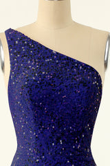 Prom Dress Pattern, Royal Blue One Shoulder Sequins Tight Homecoming Dress