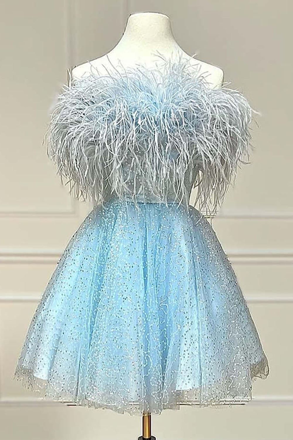 Homecoming Dresses Blue, Light Blue A-Line Strapless Homecoming Dress with Feathers