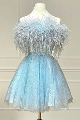 Homecomming Dresses Cute, Black A-Line Strapless Homecoming Dress with Feathers