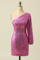 Homecoming Dresses Laces, One Shoulder Fuchsia Sequined Homecoming Dress