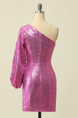 Homecoming Dresses Silk, One Shoulder Fuchsia Sequined Homecoming Dress