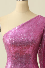 Homecoming Dresses Tight, One Shoulder Fuchsia Sequined Homecoming Dress