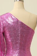 Homecoming Dresses 2038, One Shoulder Fuchsia Sequined Homecoming Dress