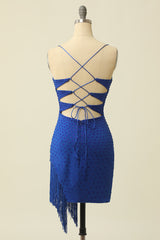 Evening Dresses Cocktail, Royal Blue Spaghetti Straps Homecoming Dress With Fringes