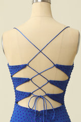 Evening Dress Vintage, Royal Blue Spaghetti Straps Homecoming Dress With Fringes