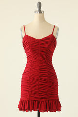 Evening Dress Long Sleeve Maxi, Red Spaghetti Straps Mini Homecoming Dress With Ruffles
