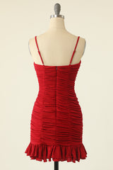 Evening Dress Maxi Long Sleeve, Red Spaghetti Straps Mini Homecoming Dress With Ruffles