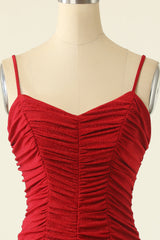 Evening Dresses Velvet, Red Spaghetti Straps Mini Homecoming Dress With Ruffles