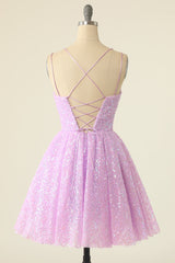 Shirt Dress, Light Purple Sequined A-Line Homeoming Dress