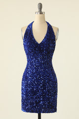 Homecoming Dress Styles, Royal Blue Sequined Halter Neck Cocktail Dress