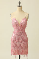 Homecoming Dress Short, Pink Spaghetti Straps Bodycon Homecoming Dress With Feathers
