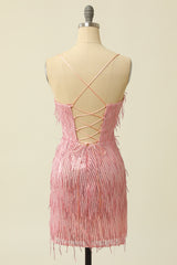 Homecoming Dresses Short, Pink Spaghetti Straps Bodycon Homecoming Dress With Feathers