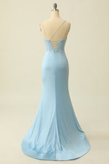 Prom Dresses Off Shoulder, Light Blue Mermaid Spaghetti Straps Prom Dress