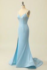 Prom Dress Off Shoulder, Light Blue Mermaid Spaghetti Straps Prom Dress