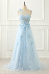 Bachelorette Party Outfit, Sky Blue Tulle A-line One Shoulder Prom Dress with Appliques