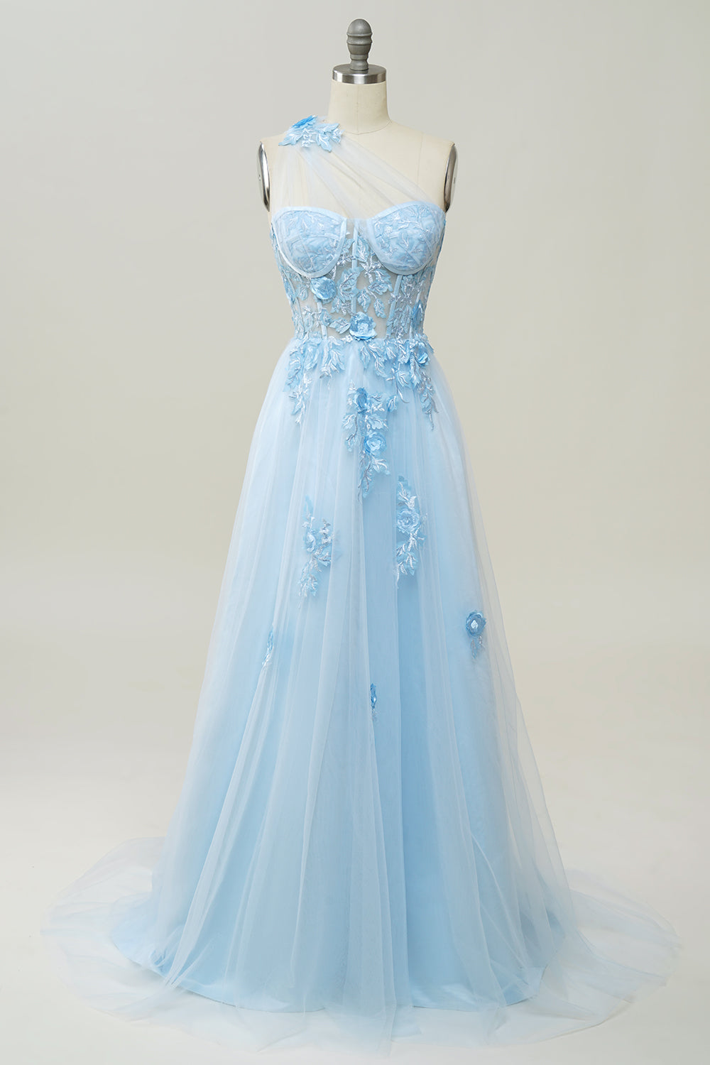 Bridesmaid Dress With Lace, A Line One Shoulder Sky Blue Long Prom Dress with Appliques