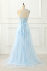Bride Dress, Sky Blue Tulle A-line One Shoulder Prom Dress with Appliques