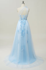 Bridesmaids Dresses With Lace, A Line One Shoulder Sky Blue Long Prom Dress with Appliques