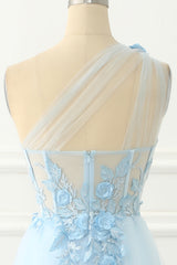 Rustic Wedding Dress, Sky Blue Tulle A-line One Shoulder Prom Dress with Appliques