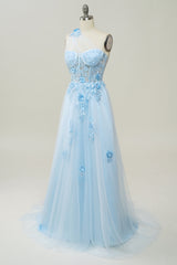 Bridesmaid Dresses Mismatched Summer, A Line One Shoulder Sky Blue Long Prom Dress with Appliques