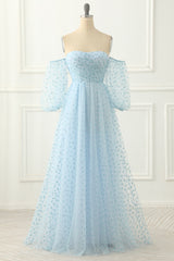 Bridesmaid Dress Modest, Sky Blue Tulle Off the Shoulder Long Prom Dress