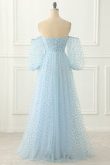 Bridesmaids Dresses Modest, Sky Blue Tulle Off the Shoulder Long Prom Dress