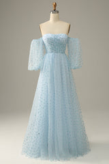 Light Blue Prom Dress, Sky Blue Off The Shoulder Prom Dress