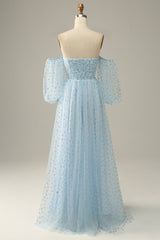 Silk Dress, Sky Blue Off The Shoulder Prom Dress
