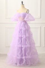 Party Dress Wedding, Off the Shoulder A-line Tulle Lavender Prom Dress