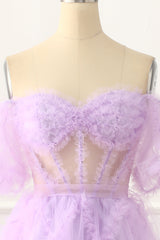 Party Dress Night, Off the Shoulder A-line Tulle Lavender Prom Dress