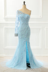 Bridesmaid Dress Summer, One Shoulder Sky Blue Mermaid Prom Dress With Appliques