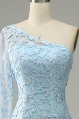 Bridesmaid Dress Colours, Sky Blue One Shoulder Mermaid Prom Dress With Appliques