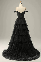 Prom Dress Different, Sparkly Black Off The Shoulder Long Tiered Corset Prom Dress With Sequin
