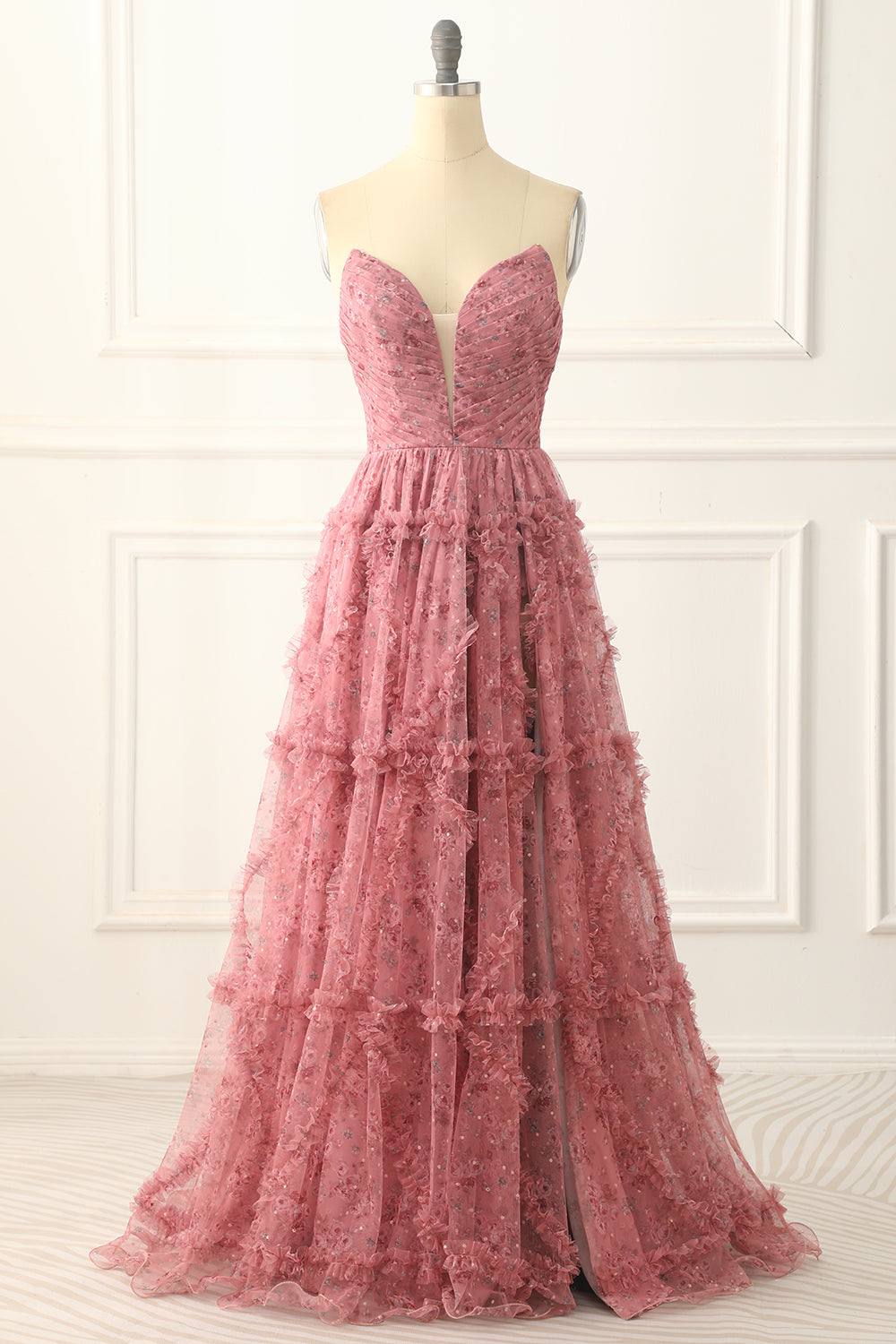 Sequin Dress, Strapless A-line Floral Print Prom Dress