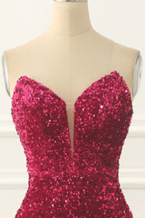 Fall Wedding Color, Hot Pink Sequin Mermaid Prom Dress with Split Front