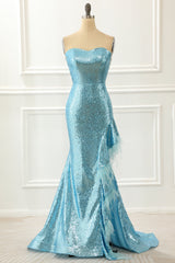 Red Carpet Dress, Strapless Blue Sequin Mermaid Prom Dress With Feathers