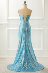 Sweet 22 Dress, Strapless Blue Sequin Mermaid Prom Dress With Feathers